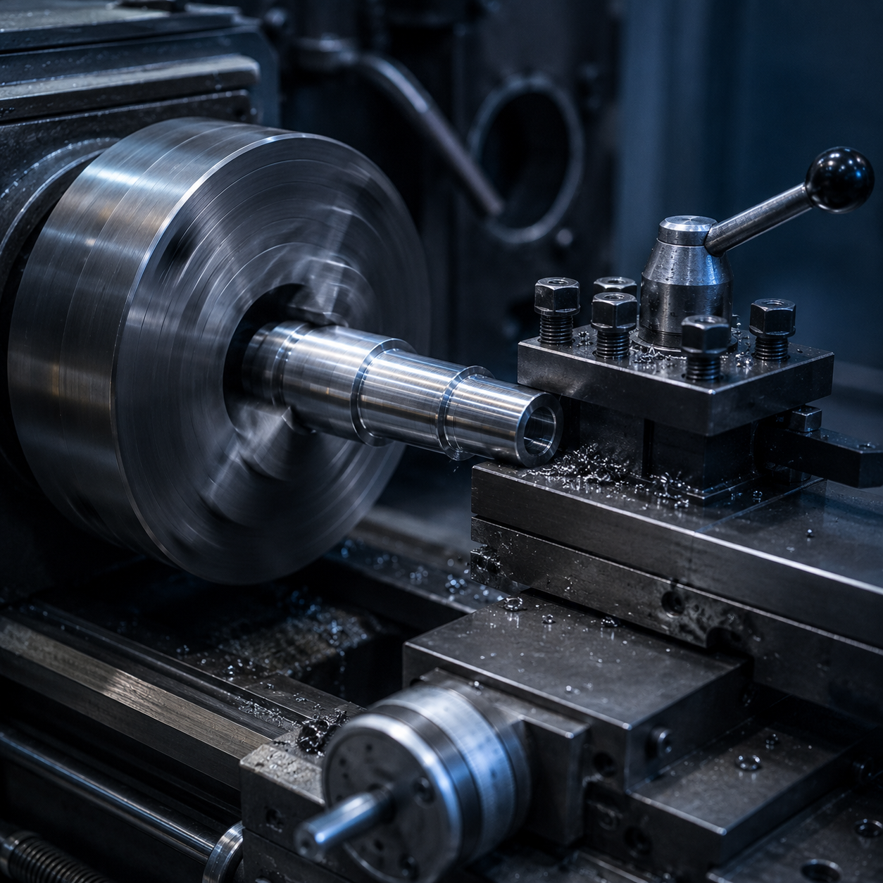 munkert-cnc-drehen-drehmaschine Manuelle Drehmaschine bei der Bearbeitung eines Präzisionsbauteils aus Metall.